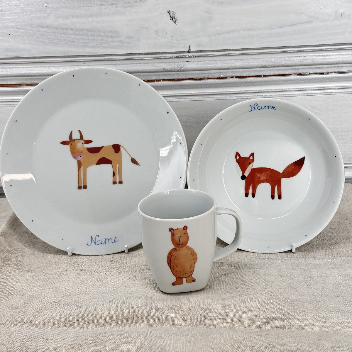 Kindergeschirr-Set aus Porzellan, handbemalt mit Reh, Fuchs und Bär