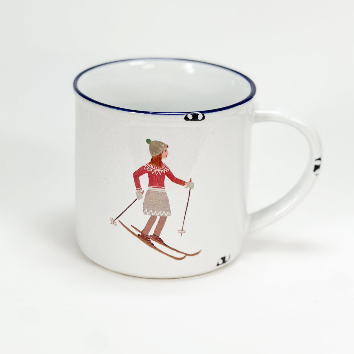 Keramiktasse mit Schifahrerin, Emaille- Look mit blauem Rand, Geschenk Sportlerin, Größe 1: 0.46l - Bild 1