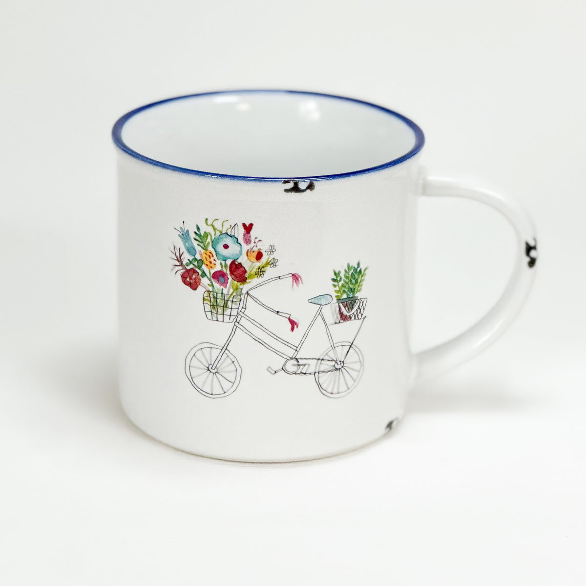 Keramiktasse im Emaille-Look mit blauem Rand und einem Fahrrad mit Blumenkorb, Größe 1: 10x10cm - Bild 1