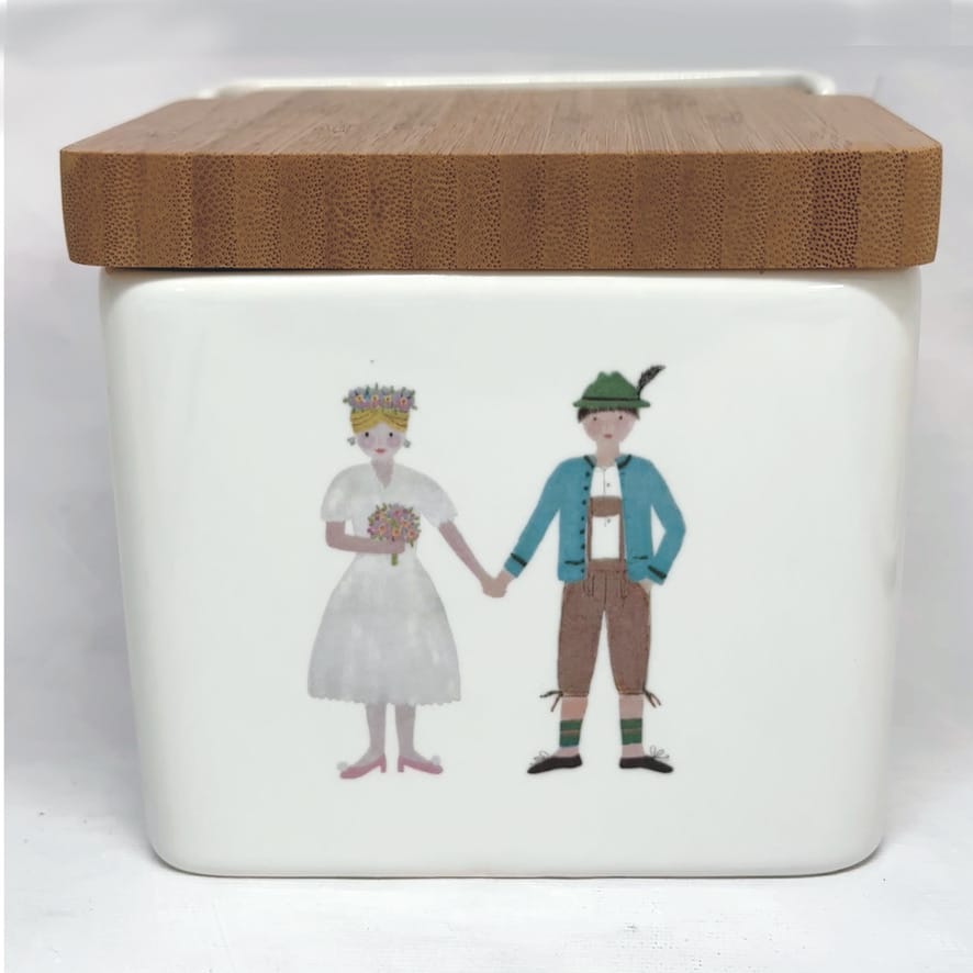 Salzfass mit Brautpaar, Tracht, Geldgefäß für Hochzeit