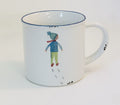 Keramiktasse mit blauem Rand, Vintage Look, Bub im Schnee, Teetasse Junge, Größe 1: 10x10cm