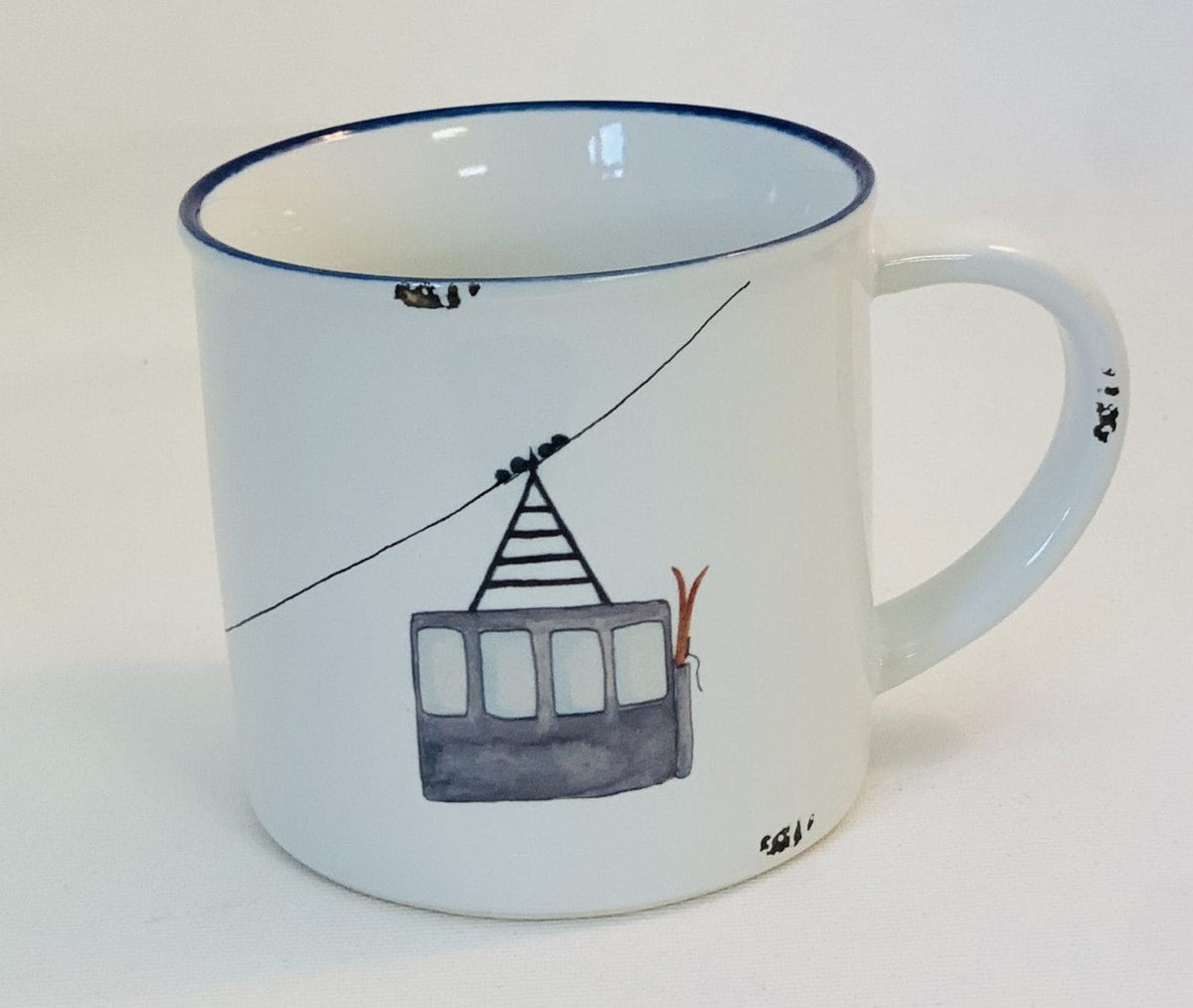 Keramiktasse mit grauer Seilbahngondel, Wintergeschirr, Weihnachtsgeschenk, vintage Tasse, Größe 1: 10x10cm