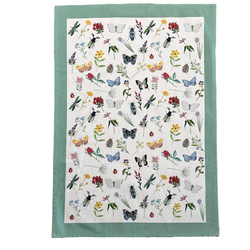 Geschirrtuch mit Blumen, Schmetterlingen und Käfern